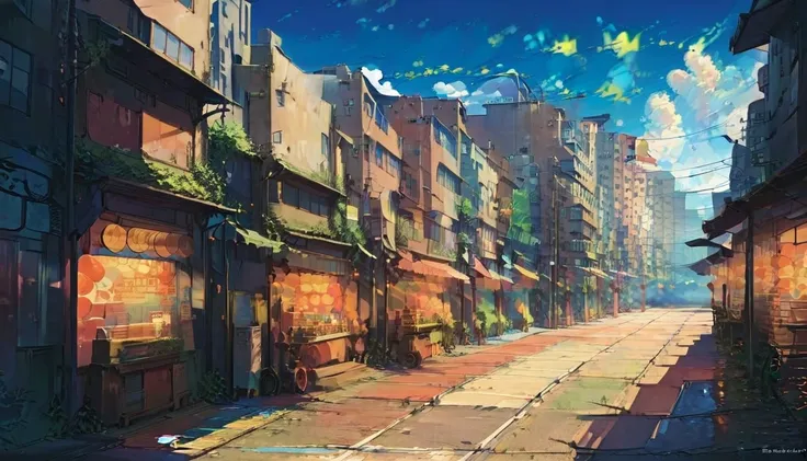 ilustration anime background, busy downtown street, style of tekkonkinkreet, anime semi realist