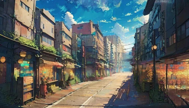 ilustration anime background, busy downtown street, style of tekkonkinkreet, anime semi realist