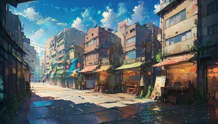 ilustration Anime background, busy downtown street, style of tekkonkinkreet, anime semi realist