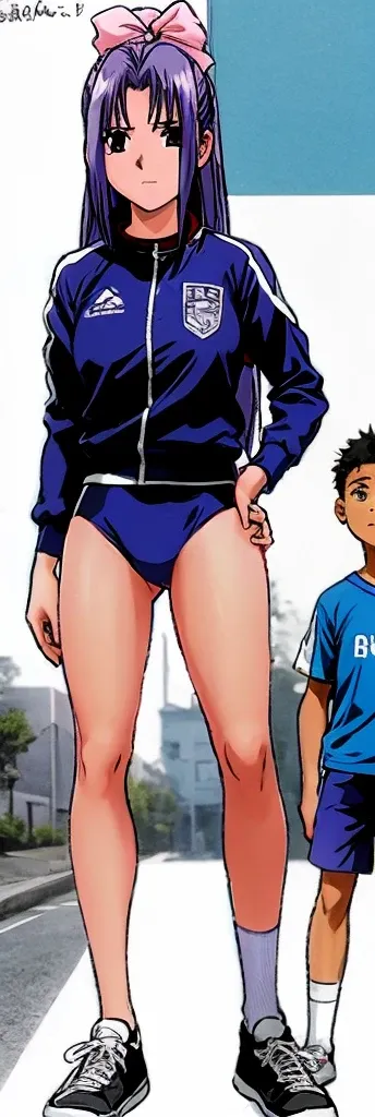 Momoko Koigakubo, a tall girl with beautiful legs, is standing with a smile on her face in a white gym uniform and light navy blue bloomers that look like panties, holding a second-grade boy in a tracksuit next to her.。