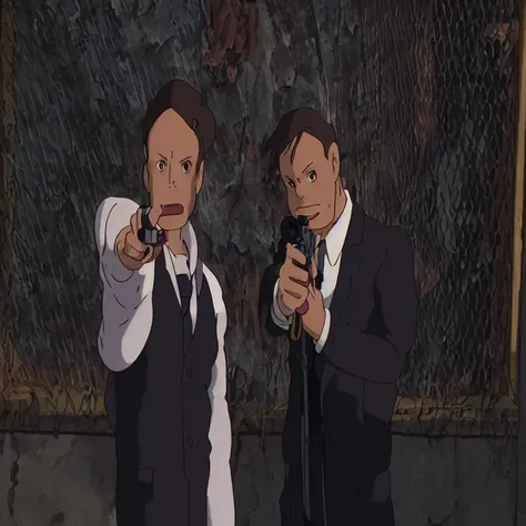 anime scene of two men in suits pointing guns at the camera, ghibli spirited away vibe, spirited away, studio ghibli and shinkai makoto, ghibli animated film, studio ghibli anime, in the studio ghibli anime film, studio ghibli film, studio ghibli movie, st...