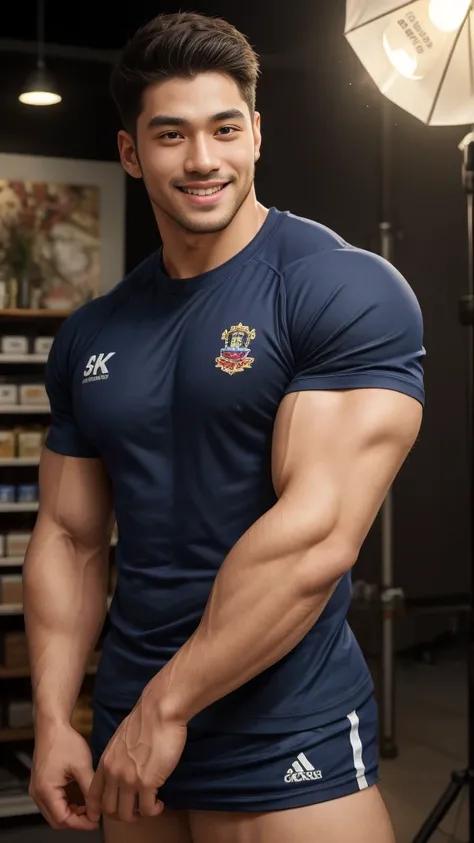 ((Highest quality, 8K, Masterpiece: 1.3))、Thailand Laos Burma Asia, Thai man, A handsome Asian rugby player with short hair, a muscular beard, and big muscles., １A man who has、 yo、Good appearance、Beautiful nose、smile、 Detailed eyes and face、beautiful light...