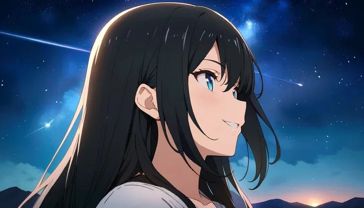 Black-haired woman,anime,masterpiece, Highest quality, High resolution,Xin Haicheng、smile、comet、Starry Sky、Outdoor、fun、