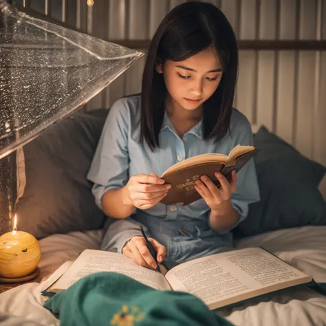 The most beautiful girl reading books in the bedroom at night during the rain outside