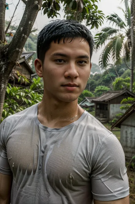 独奏 , 1 person , Portrait of a handsome Asian rugby player, short hair, no beard, muscular, big muscles, wearing a gray round neck t-shirt, wet, outdoors, rice field, countryside, hut, Thailand, Laos, Burma, Asia.