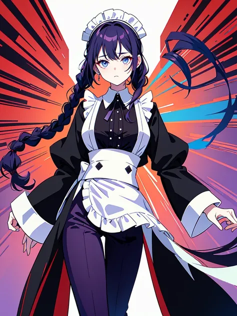 Dressed in maid uniform ,　Mature face,tall, Wearing black tights,Blue Eyes,Updo, Braided Hair, He wore black trousers, whole body黒の服, The skin is hidden　and gradient hair, (Ink blotches:1.1), (pale:1.2),(Light purple:1.2),(Red/Black:1.2), I was wearing lon...