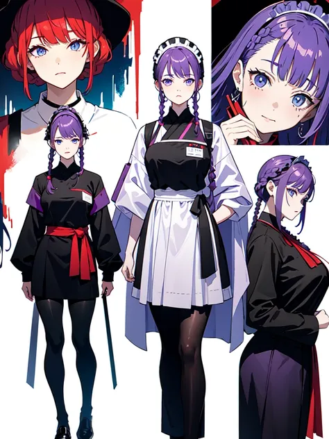 Dressed in maid uniform ,　Mature face,tall, Wearing black tights,Blue Eyes,Updo, Braided Hair,　 The skin is hidden　and gradient hair, (Ink blotches:1.1), (pale:1.2),(Light purple:1.2),(Red/Black:1.2), I was wearing long pants,cool,Dressed in a black robe, ...