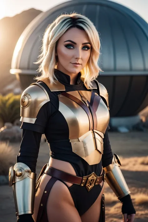 cinematic photo a photograph of a blonde Jessica Nigri wearing armor at observatory. 35mm photograph, film, bokeh, professional, shot by david lachapelle, 4k, highly detailed