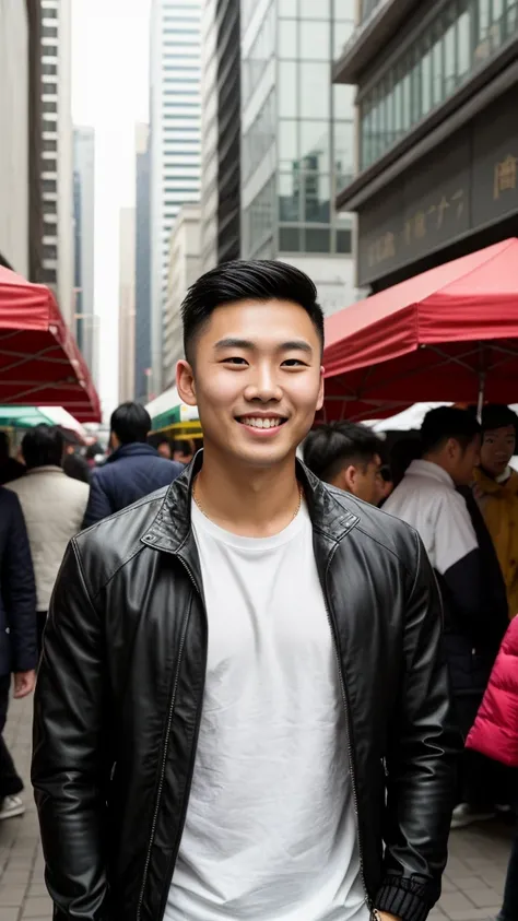 Masterpiece, best quality best, 1 young man, Asian man, East Asian people, one person, The muscles are in good proportion., Posing obscenely, short hair details， white teeth, jacket set, market background, Realistic style，photography，Can be seen from the f...