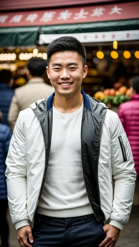 Masterpiece, best quality best, 1 young man, Asian man, East Asian people, one person, The muscles are in good proportion., Posing obscenely, short hair details， white teeth, jacket set, market background, Realistic style，photography，Can be seen from the f...