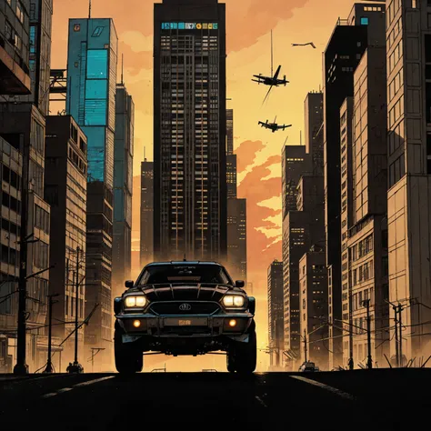 realistic illustration, sunset,  cyberpunk city, flying cars, intricate details, cinematic