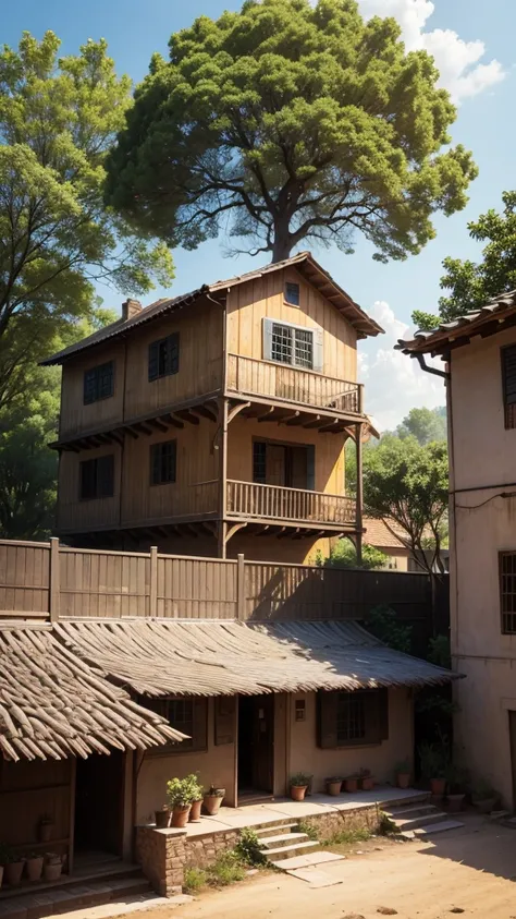 An eight-story mud house and in front there was a large yard with a tree. 