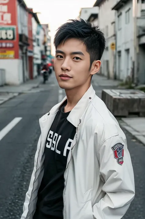 Masterpiece, best quality best, 1 young man, Asian man, East Asian people, one person, The muscles are in good proportion., Posing obscenely, short hair details， white teeth, jacket set, road background, Realistic style，photography，Can be seen from the fro...