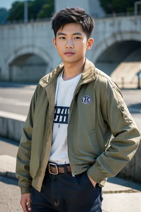 Masterpiece, best quality best, 1 young man, Asian man, East Asian people, one person, The muscles are in good proportion., Posing obscenely, short hair details， white teeth, jacket set, road background, Realistic style，photography，Can be seen from the fro...