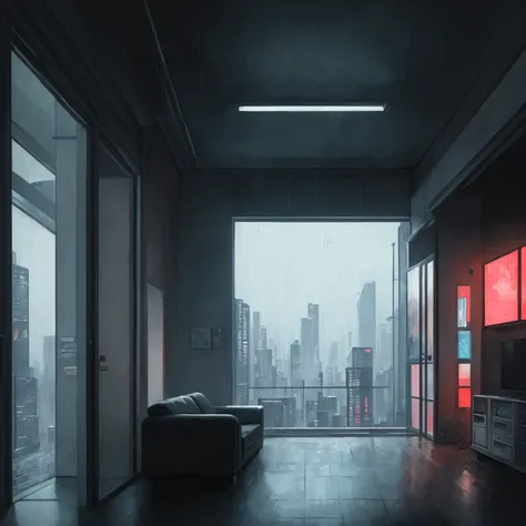 (masterpiece), (dark clouds), (cyberpunk living room), (indoor), (window), (rainy weather), (cyberpunk city), (realistic illustration), (cinematic), (looking out the winow)