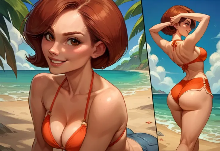 score_9, score_8_up, score_8_up, source_cartoon, 1girl, (Helen Parr, orange-red hair:1.0), cleavage, thicc thighs, perfect round ass, bikini top, shorts, beach, outdoors, model poses, smiling.