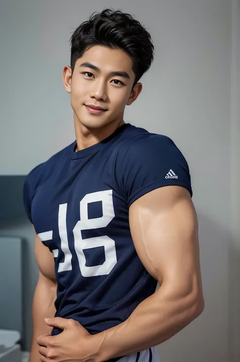 ((Highest quality, 8K, Masterpiece: 1.3))、Thailand Laos Burma Asia, Thai man, A handsome Asian rugby player with short hair, a muscular beard, and big muscles., １A man who has、 yo、Good appearance、Beautiful nose、smile、 Detailed eyes and face、beautiful light...