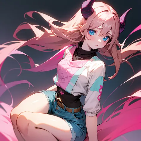 Pale skinned girl, bicolor eyes having one red and one brown, waist-length wavy light brown hair with two black strands, pastel purple sweater, denim shorts, a pink scarf with a blue line in the center on the neck, pink demon horns with pastel blue and pin...