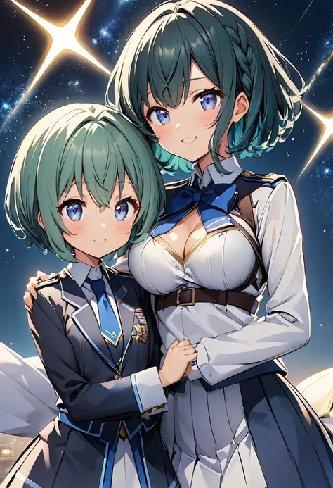 Blue-green hair　girl　Blue Eyes　Short Hair　レッサーパンダstuffed toy　Second Dimension　anime　An illustration　vtuber　C Cup　Warrior uniform　military uniform long sleeves　Clothes patina　Cleavage　stuffed toy　Embrace　Braided Hair Arrangement　The background is a starry s...