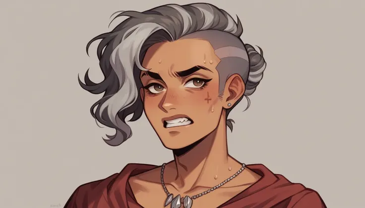 Adel has black, sunburnt skin and hazel eyes. Her gray hair is slicked-back. She has a slight underbite and gleaming teeth. Shes wearing dull necklaces made of platinum. Her clothes look flamboyant. Theres an oddly-colored birthmark on her right hand.