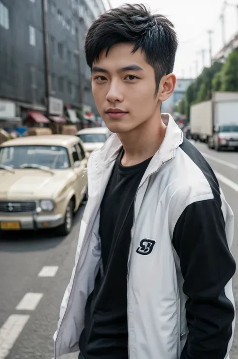 Masterpiece, best quality best, 1 young man, Asian man, East Asian people, one person, The muscles are in good proportion., Posing obscenely, short hair details， white teeth, jacket set, road background, Realistic style，photography，Can be seen from the fro...