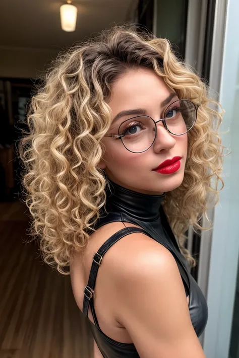 ((best quality)), ((masterpiece)), (detailed), perfect face(( Very cute) (wearing a very sexy detailed leather black skirt with a neckline). 40k, photography, masterpiece, best quality,(hay coloured blonde curly short hair, she wears glasses on her beautif...