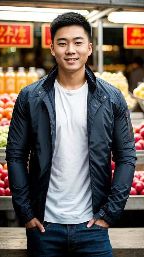 Masterpiece, best quality best, 1 young man, Asian man, East Asian people, one person, The muscles are in good proportion., Posing obscenely, short hair details, jacket set, market background, Realistic style，photography，Can be seen from the front, see vie...