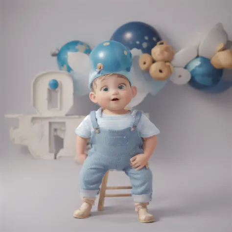 Baby standing, in blue overalls. Open arms, behind an object similar to planet Earth.