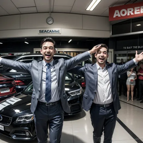 happy car salesman with open arms celebrating for reaching sales target for the month in his store full of cars
