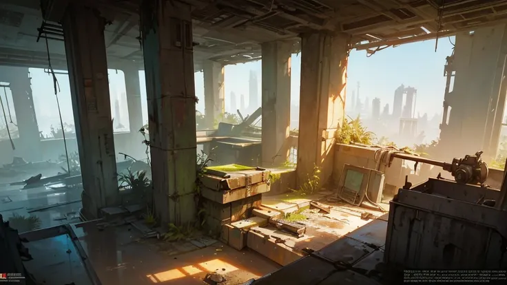 a futuristic abandoned cosmodrome interior room, high angle view, detailed interior, decaying technology, dim lighting, rusted pipes, crumbling concrete, overgrown vegetation, dust motes, shafts of light, abandoned equipment, atmospheric, cinematic, dramat...