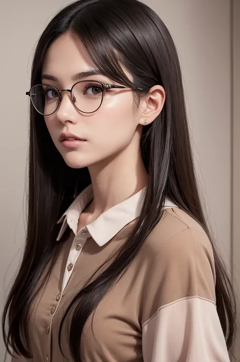 Generate a photorealistic image of a young woman with the following characteristics:
- Neutral face, fair skin - Large round glasses, thin metal frame - Long hair, smooth ass, Loose, dark brown, split in the middle - Black shirt with collar and buttons - L...