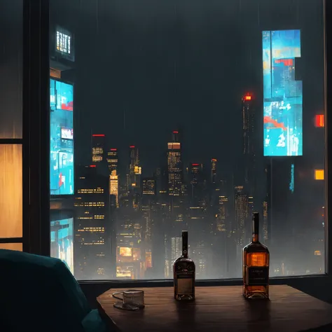 (masterpiece), (dark clouds), (cyberpunk living room), (indoor), (window), (rainy weather), (cyberpunk city), (realistic illustration), (cinematic), (looking out the window), (liquor bottle on table)