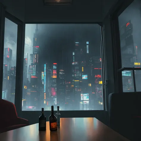 (masterpiece), (dark clouds), (cyberpunk living room), (indoor), (window), (rainy weather), (cyberpunk city), (realistic illustration), (cinematic), (looking out the window), (liquor bottle on table)