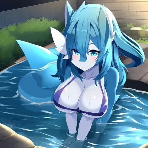 shark girl, furry, Shark tail, cute molecule, big breasts, good quality, Resolution, good face, The desired good image, running water, good shadow details, shade,Wet,