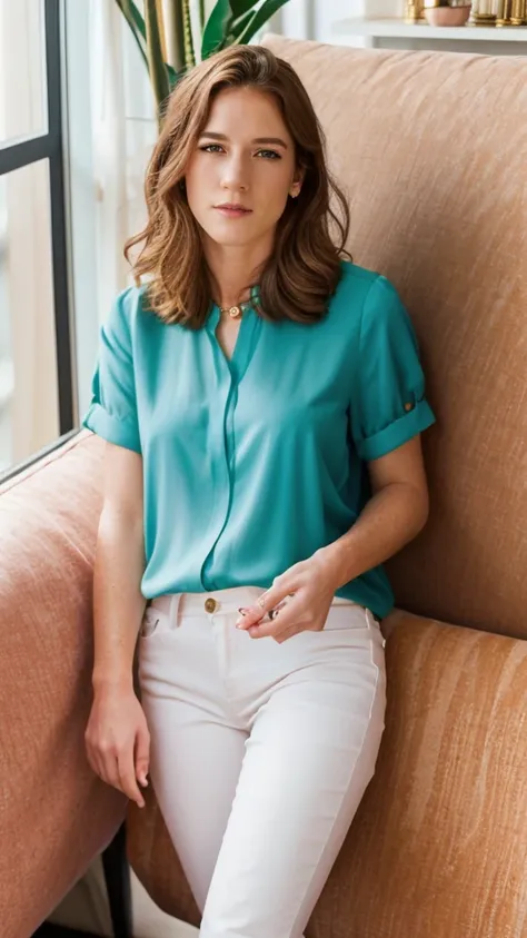 an elegant female boss, wearing white blouse, brown jeans, wearing gold jewelry, sitting on the lonely sofa, surrounding an eleg...