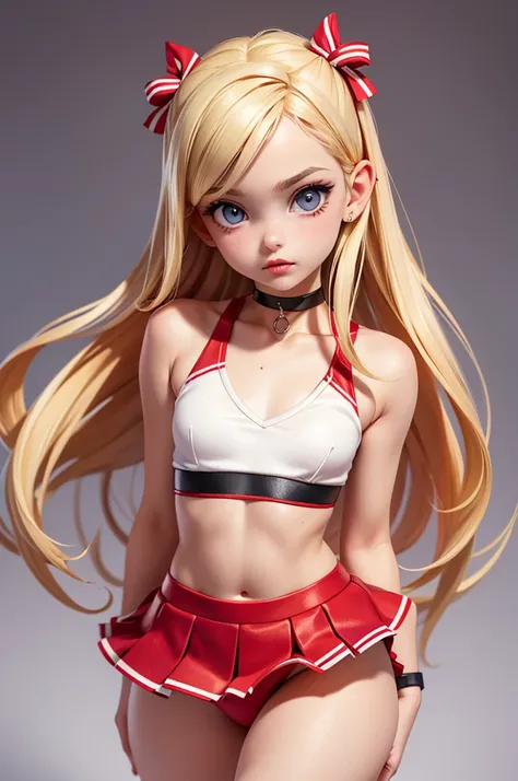 hyperrealistic 14 year old american teen, blonde, little, perfect tiny body, sexy, dark makeup, small choker, perfect slim face, big red lips, very cute face, tiny body, big eyes, young looking, childish looking, cheerleader outfit, full body photo