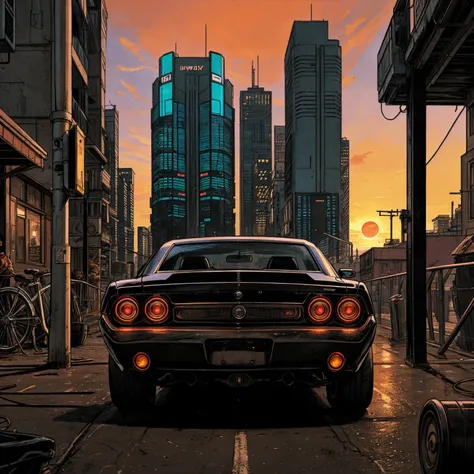 realistic illustration, sunset,  cyberpunk city, muscle car,  intricate details, cinematic