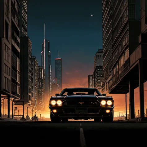 realistic illustration, sunset,  cyberpunk city, muscle car,  intricate details, cinematic