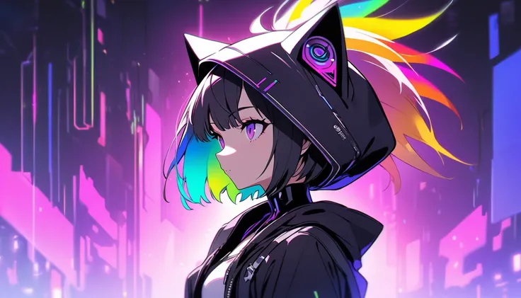 elegant, alone, 1 female, short hair, Black fur, Rainbow Hair, Purple eyes, Black and white hood, Futuristic, cyber-punk, cyber- 