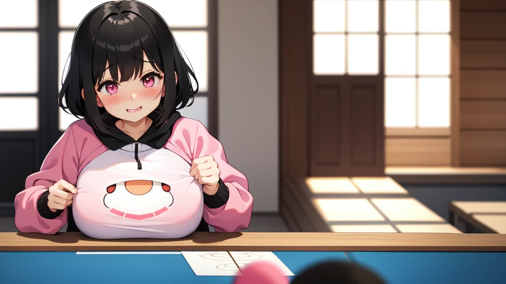 One girl,Black Hair,Pink eyes,(blush:1.1)、Embarrassed face、 ((Heavy breathing:1.3)), like,  smile、（Table tennis）、Big Breasts、whole body,Im eating ice cream