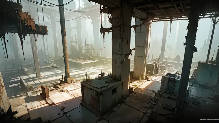 a futuristic abandoned cosmodrome interior room, high angle view, detailed interior, decaying technology, dim lighting, rusted pipes, crumbling concrete, overgrown vegetation, dust motes, shafts of light, abandoned equipment, atmospheric, cinematic, dramat...