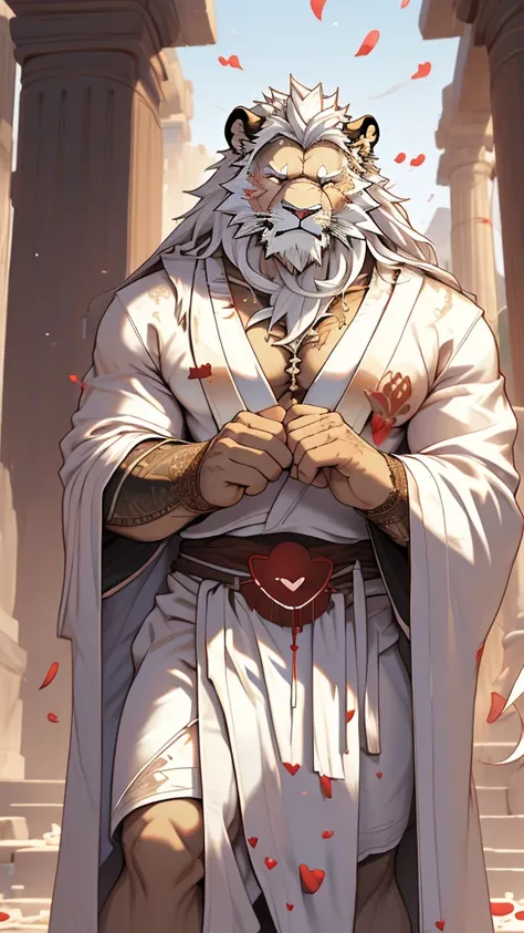 (masterpiece),(highres),(intricate details:1.4),extremely detailed,(illustration:1.2),8k,photorealistic,exquisite,solo, (Bold perspective),aged,elder male lion ,muscular, (Ancient Greek mythological style;1.8)(white robe:1.6),manhood,safeguard,(white hair:...