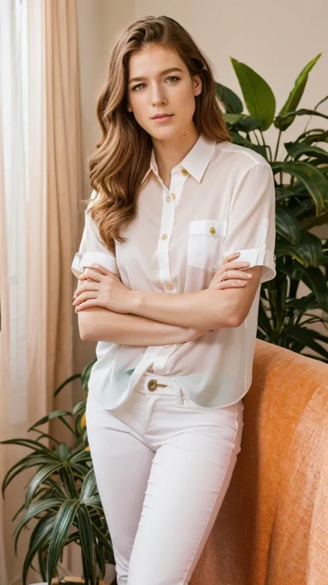 an elegant female boss, wearing white blouse, brown jeans, wearing gold jewelry, sitting on the lonely sofa, surrounding an eleg...