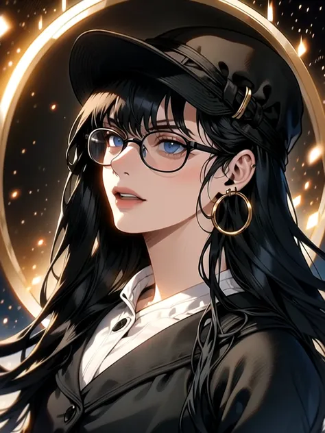 a young woman with long black hair, blue eyes, and round glasses, wearing a black hat with a golden detail, gold hoop earrings, detailed facial features, elegant, portrait, cinematic lighting, dramatic colors, highly detailed, 4k, photorealistic, digital p...