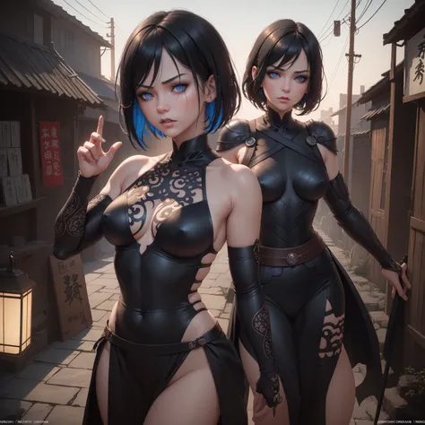 1girl!!!, short bob hair, black hair, small breasts!!, blue eyes, fair skin, anger face, sexy tight black ninja outfit, bare arms, bare legs, medieval japanese town, very sexy body, detailed face, beautiful detailed eyes, beautiful detailed lips, extremely...