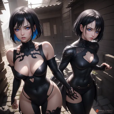 1girl!!!, short bob hair, black hair, small breasts!!, blue eyes, fair skin, anger face, sexy tight black ninja outfit, bare arms, bare legs, medieval japanese town, very sexy body, detailed face, beautiful detailed eyes, beautiful detailed lips, extremely...