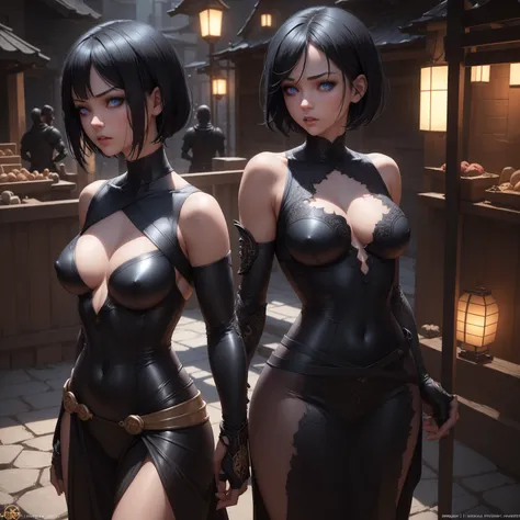 1girl!!!, short bob hair, black hair, small breasts!!, blue eyes, fair skin, anger face, sexy tight black ninja outfit, bare arms, bare legs, medieval japanese town, very sexy body, detailed face, beautiful detailed eyes, beautiful detailed lips, extremely...