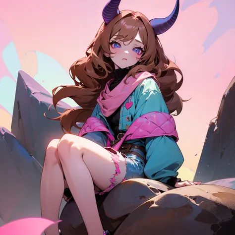 Pale skinned girl, bicolor eyes having one red and one brown, waist-length wavy light brown hair with two black strands, pastel purple sweater, denim shorts, a pink scarf with a blue line in the center on the neck, pink demon horns with pastel blue and pin...