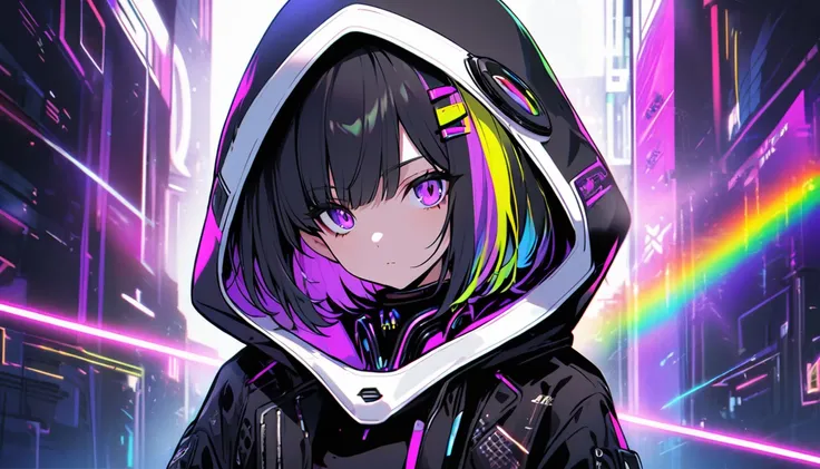 elegant, alone, 1 female, short hair, Black fur, Rainbow Hair, Purple eyes, Black and white hood, Futuristic, cyber-punk, cyber- 