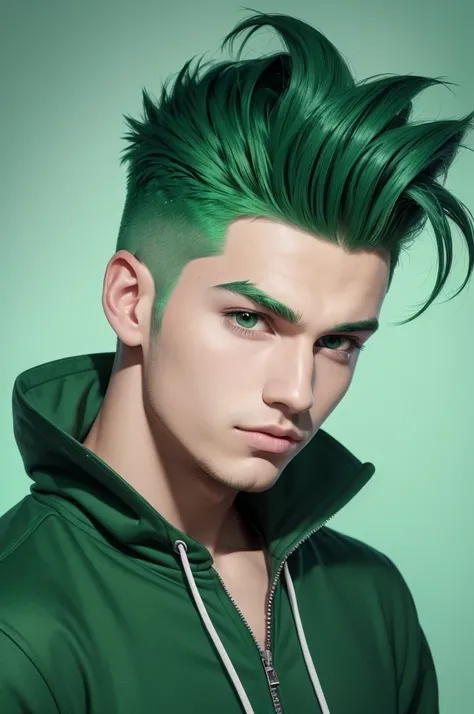 Create a cartoon-style drawing of a young man with green hair and a quiff. The image background must be completely green.